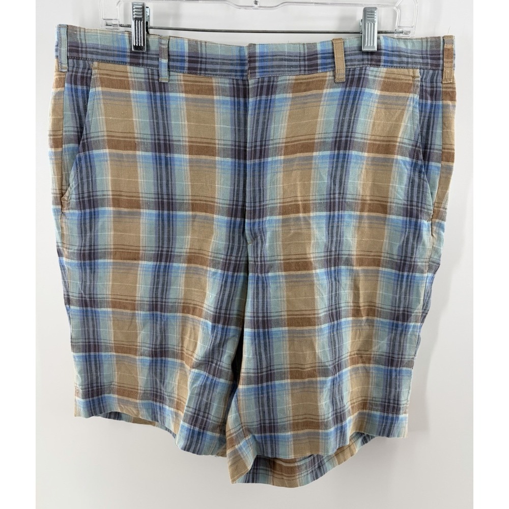 Corbin Linen Shorts Mens Size 36 Plaid Blue Tan Lightweight Summer Resortwear